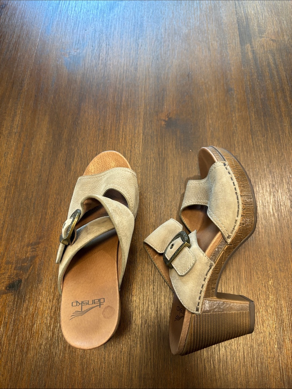 Dansko Women's Beige Suede Buckle Mules